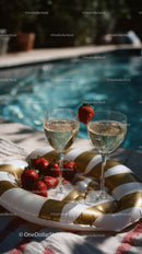 Champagne glasses with strawberries Poolside Summer Celebration