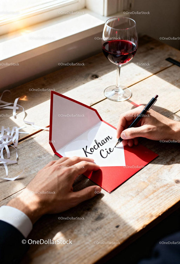 Man writing love message in card with glass of red wine