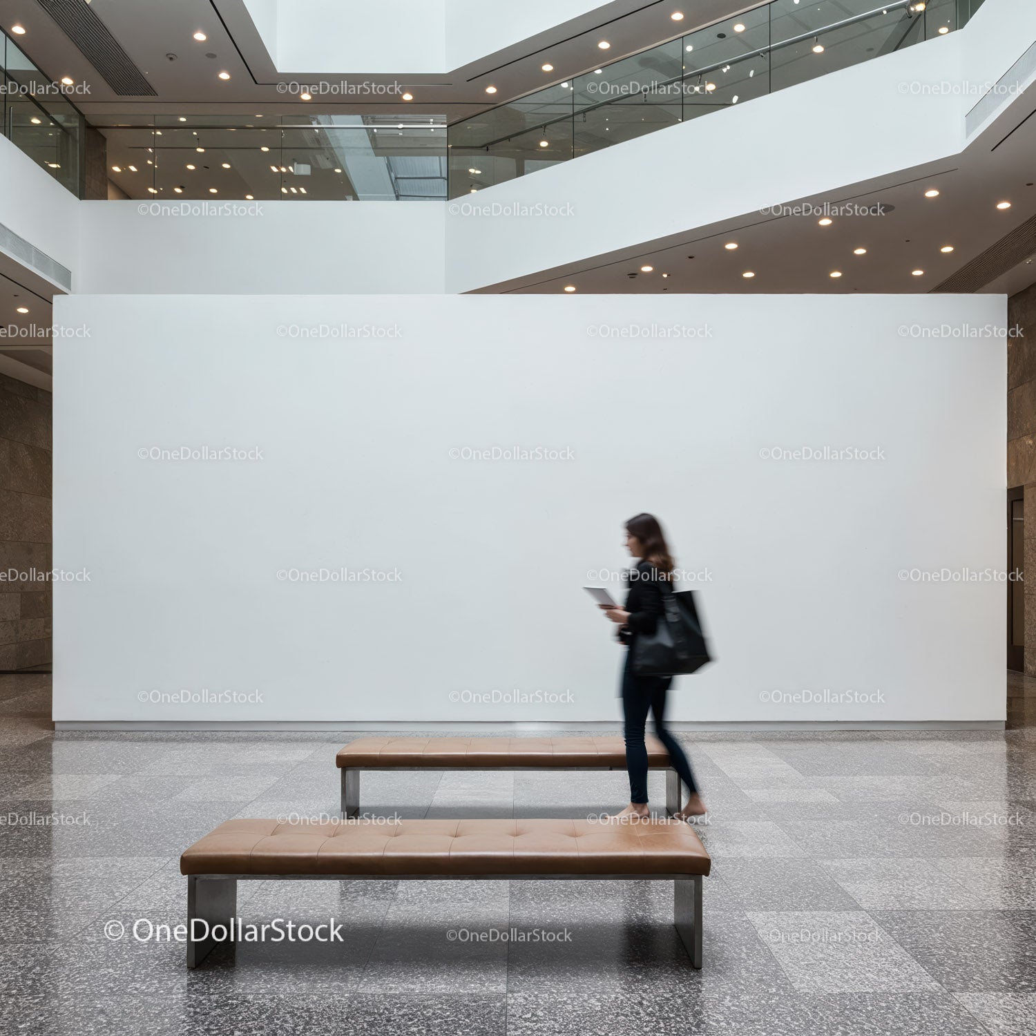 Modern art gallery interior with walking woman