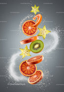 Sliced tropical fruits floating with water splashes