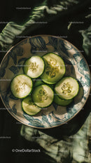 Fresh Sliced Cucumber on a Botanical Plate with Green and White Colors