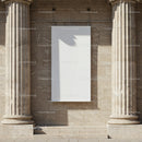Blank white banner between classical stone pillars