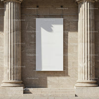 Blank white banner between classical stone pillars