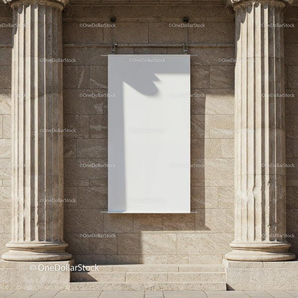Blank white banner between classical stone pillars JPG Mockup Image