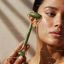 Close Up of Woman Using Jade Roller for Facial Skincare Massage