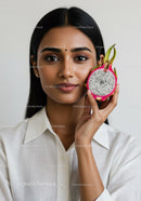 Asian Woman Holding Half Slice of Colorful Dragon Fruit for Health and Natural Beauty