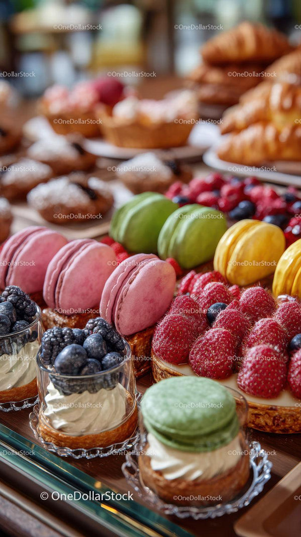 Colorful Pastry and Fruit Dessert Display with Macarons and Berries