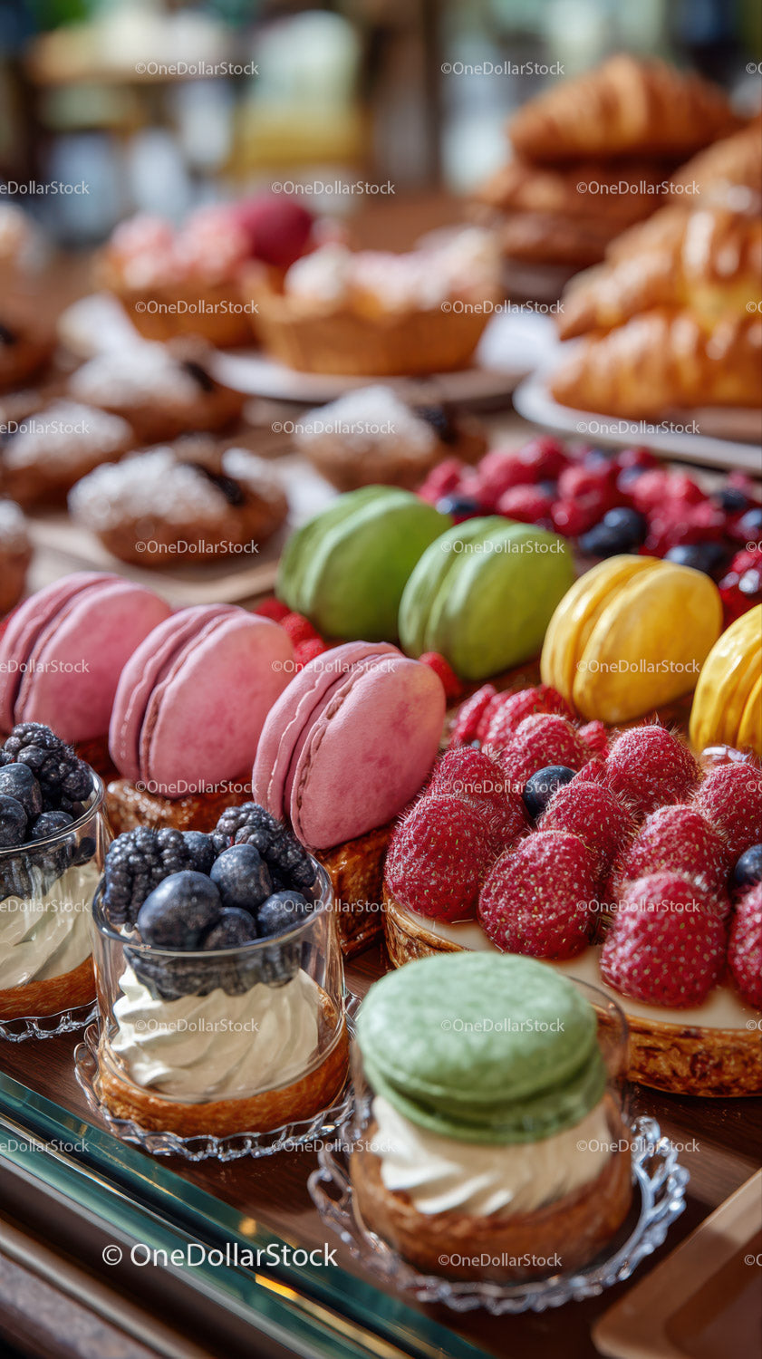 Colorful Pastry and Fruit Dessert Display with Macarons and Berries