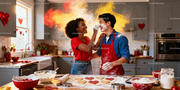 Couple Playfully Baking Heart Cookies in Valentine Kitchen