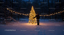 Person standing near illuminated Christmas tree in snowy forest