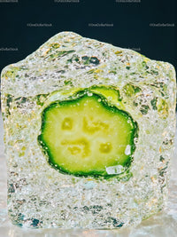 Frozen cucumber slice encased in clear ice cube