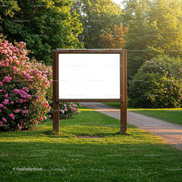 Wooden Information Board in Blooming Park Pathway JPG Mockup Image