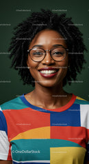 Vibrant Woman with Glasses and Curly Hair Smiling in Colorful Clothing