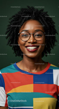 Vibrant Woman with Glasses and Curly Hair Smiling in Colorful Clothing