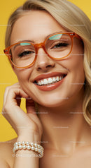 Smiling woman with orange glasses and pearl bracelet