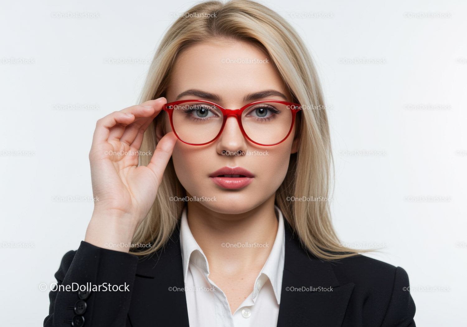 Pewna siebie blondynka w czerwonych okularach w profesjonalnym stylu