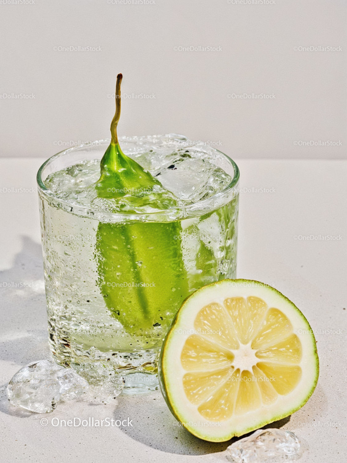 Refreshing citrus drink with green leaf and ice