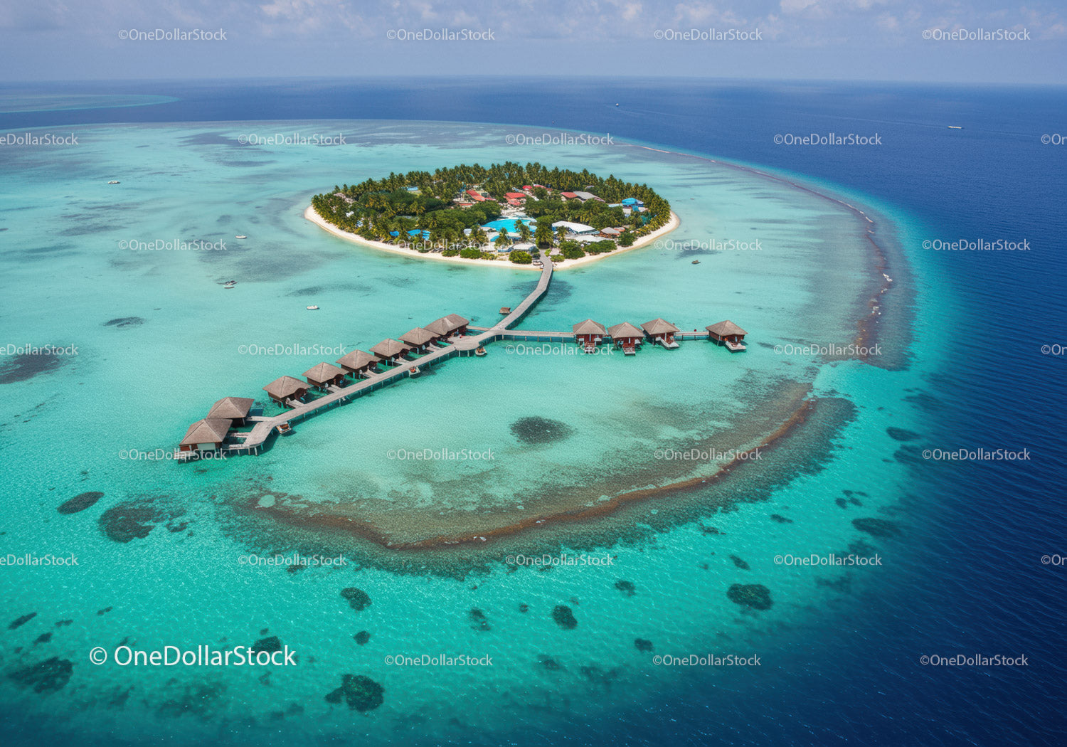 Tropical Overwater Bungalows and Lagoon with Coral Reefs Scenery