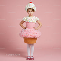 Little girl wearing creative cupcake costume in pink studio