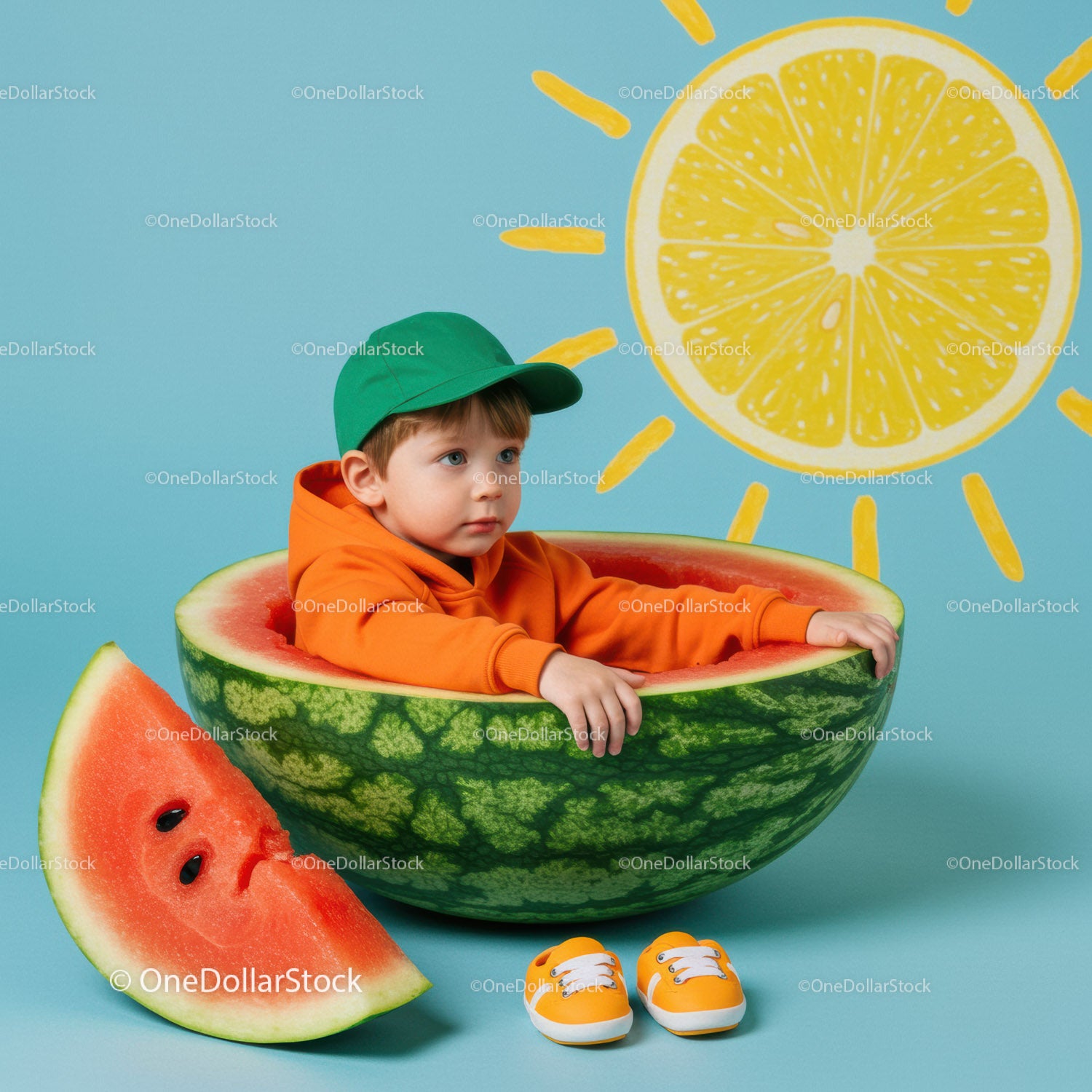 Maluch siedzący w arbuzie z rysunkiem letniego słońca