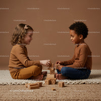 Two children playing and building with wooden blocks