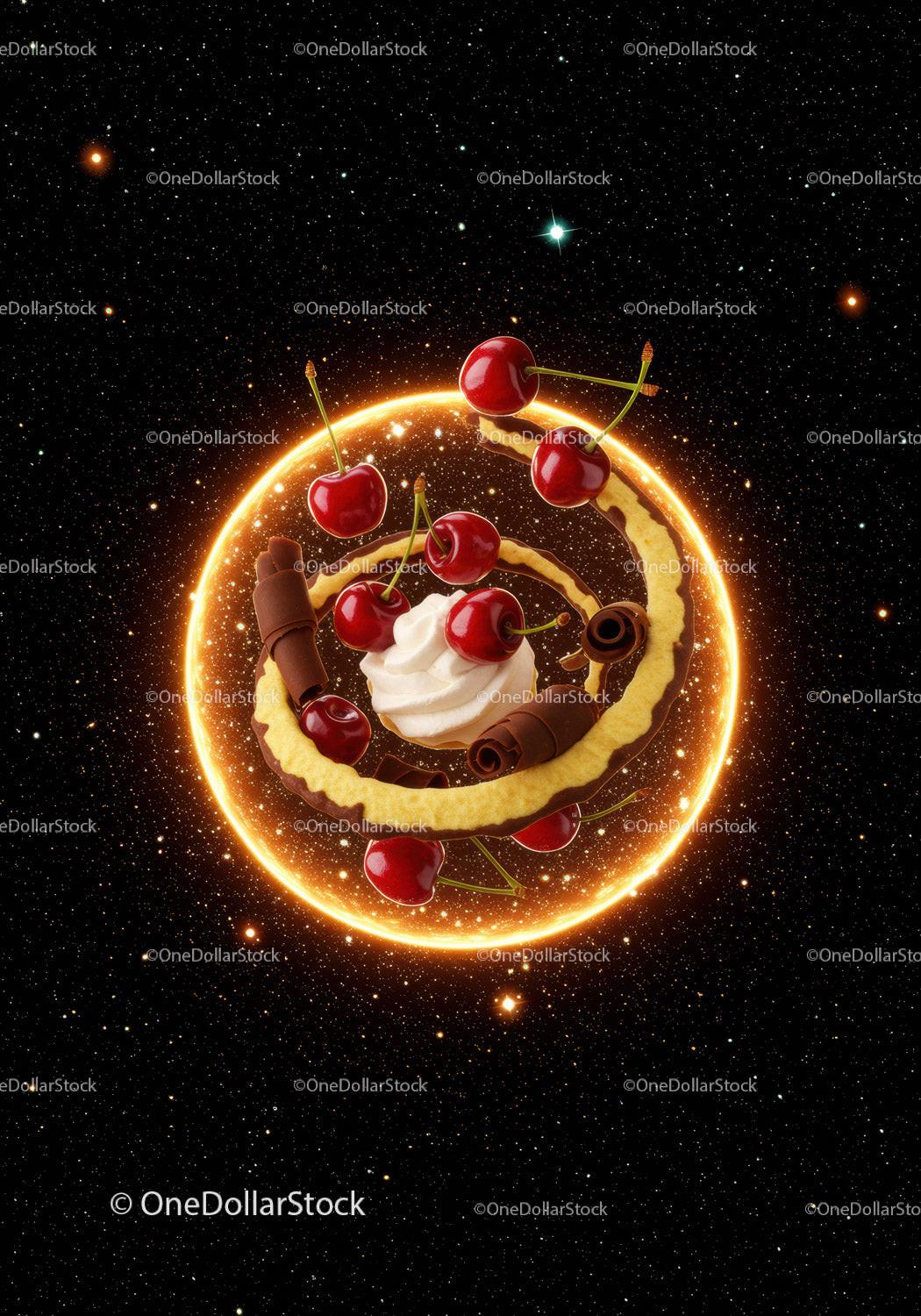 Cherries and chocolate dessert floating in cosmic space
