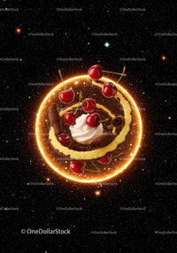 Cherries and chocolate dessert floating in cosmic space