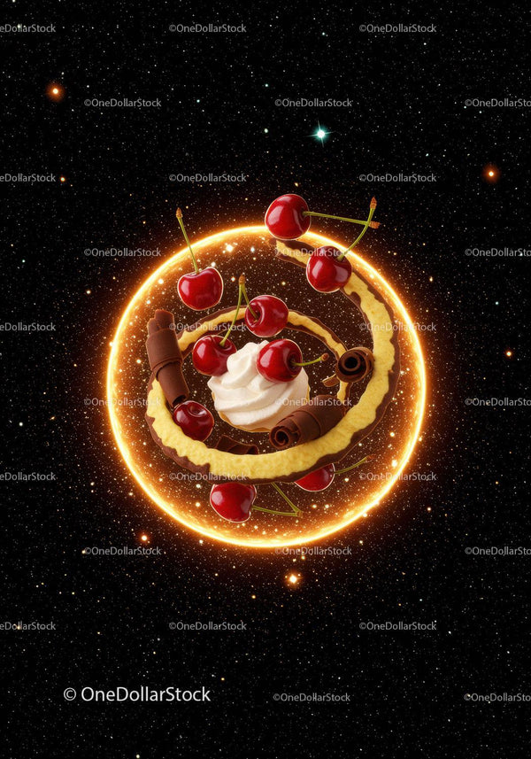 Cherries and chocolate dessert floating in cosmic space
