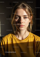 Young Woman with Green Eyes in Casual Yellow T-Shirt