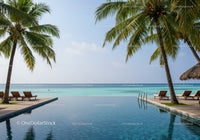 Tropical Ocean View with Infinity Pool, Palm Trees and Sunlit Beach Chairs