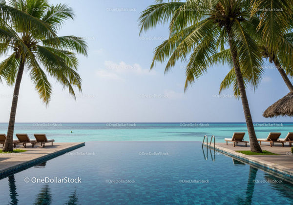 Tropical Ocean View with Infinity Pool, Palm Trees and Sunlit Beach Chairs