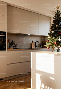 Modern Minimalist Kitchen with Festive Christmas Tree