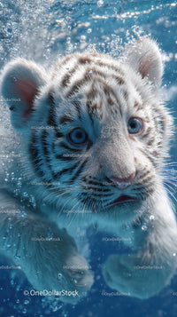 White tiger cub swimming underwater with piercing blue eyes