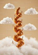 Tiny figures climbing towering stack of fresh croissants