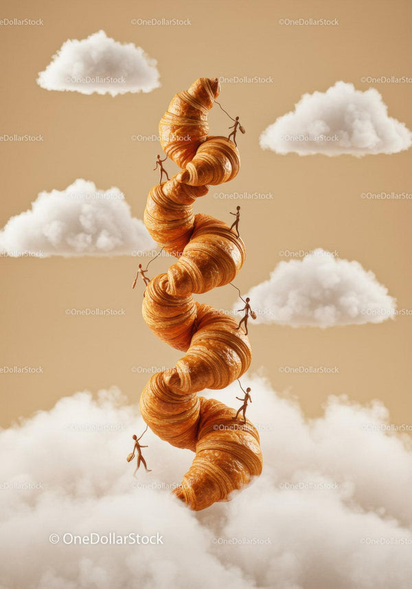 Tiny figures climbing towering stack of fresh croissants