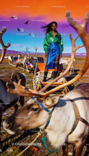 Woman in vibrant outfit standing on reindeer sled in open tundra
