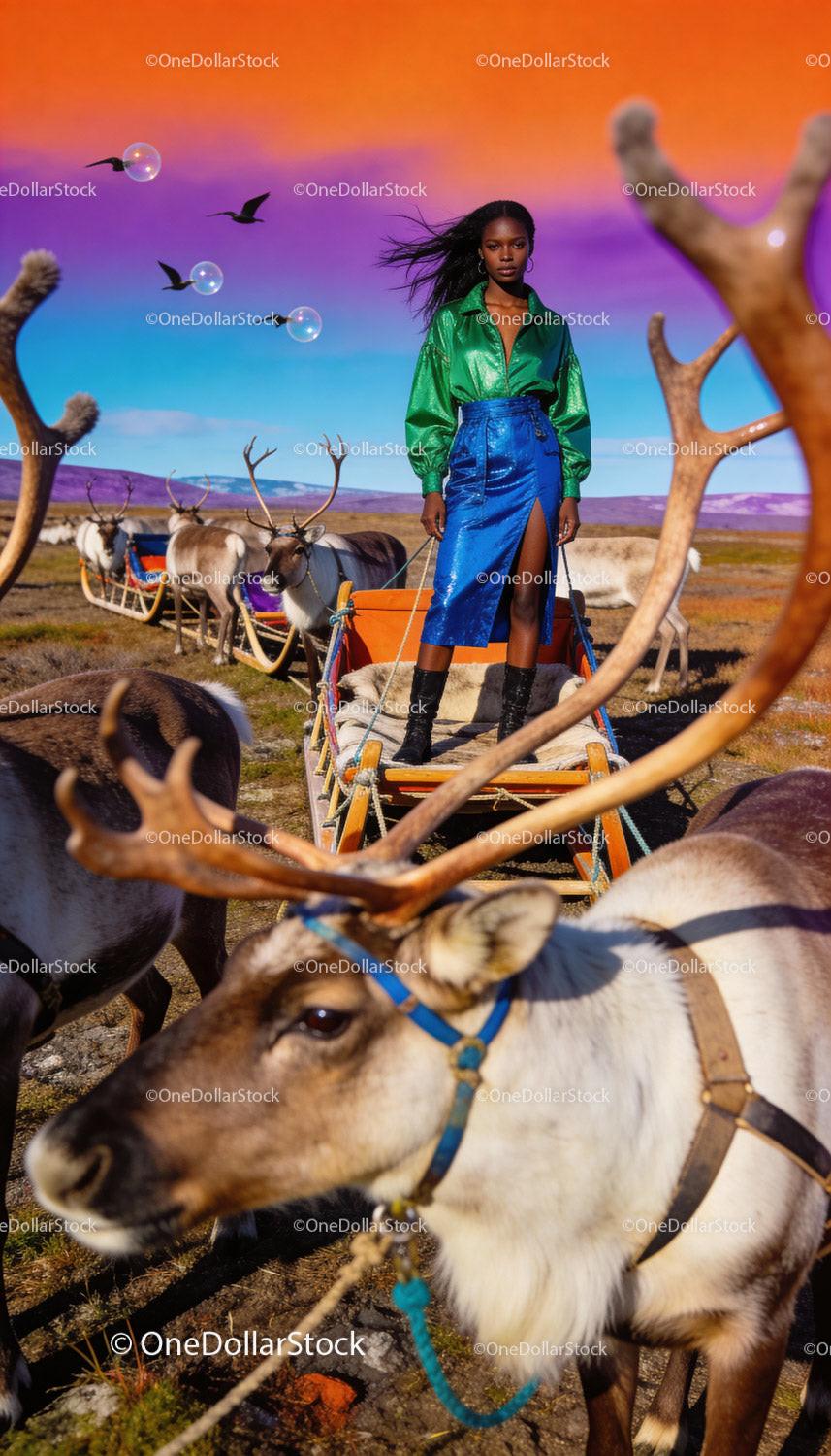 Woman in vibrant outfit standing on reindeer sled in open tundra