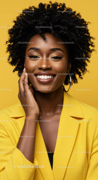 Elegant Smiling African American Woman in Bright Yellow Outfit