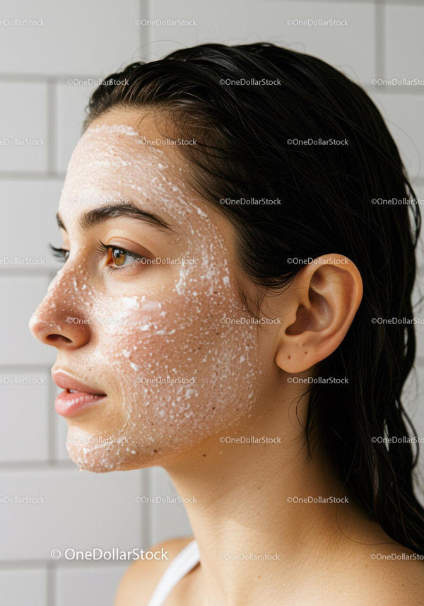 Young woman with foaming face cleanser in bathroom
