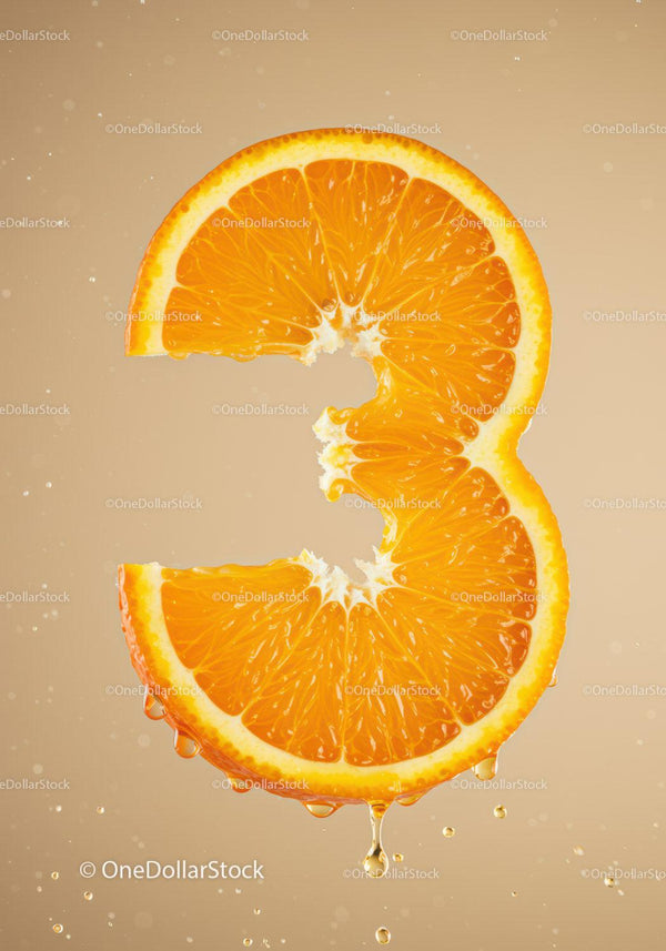 Juicy orange slice shaped like number three with droplets