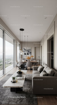 Modern open living and dining area with panoramic windows