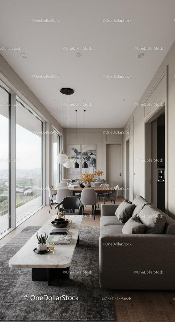 Modern open living and dining area with panoramic windows