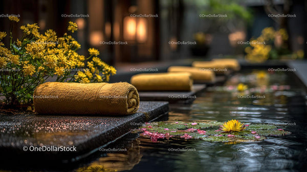 Serene Outdoor Spa Scene with Yellow Towel and Water Lilies Stock Photo Bundle (36 JPG Files)