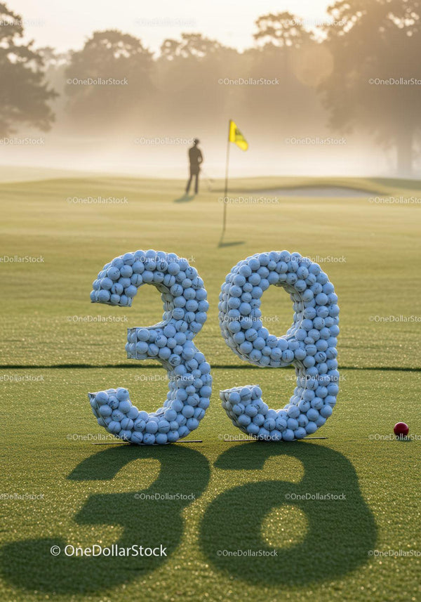 Poranek na polu golfowym z numerem 39 wykonanym z piłek golfowych