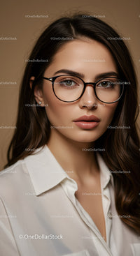 Elegant Woman Wearing Black Round Glasses with Stylish Hair and Makeup