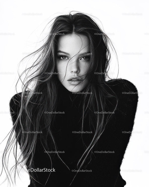 Striking Black and White Portrait of a Woman with Long Hair