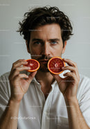 Male Holding Blood Orange Slices in Bright Modern Portrait