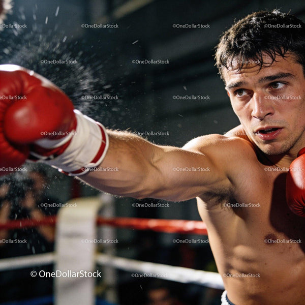 Focused boxer delivering a powerful punch in the ring