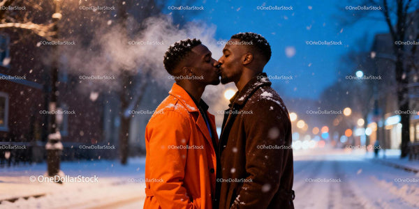 Couple sharing a tender kiss on a snowy urban evening