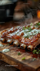 Juicy Smoked Ribs with Barbecue Sauce on Wooden Board
